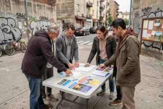 Habitants d'un quartier populaire réunis autour d'une table pour s'organiser collectivement dans la rue