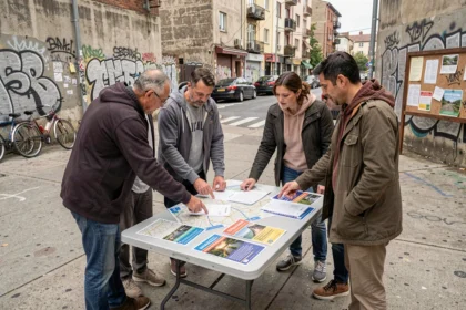 Habitants d'un quartier populaire réunis autour d'une table pour s'organiser collectivement dans la rue