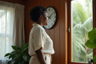 Femme regardant une horloge murale dans un bureau en Guyane française avec végétation tropicale en arrière-plan