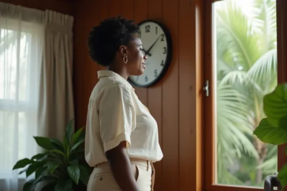 Femme regardant une horloge murale dans un bureau en Guyane française avec végétation tropicale en arrière-plan