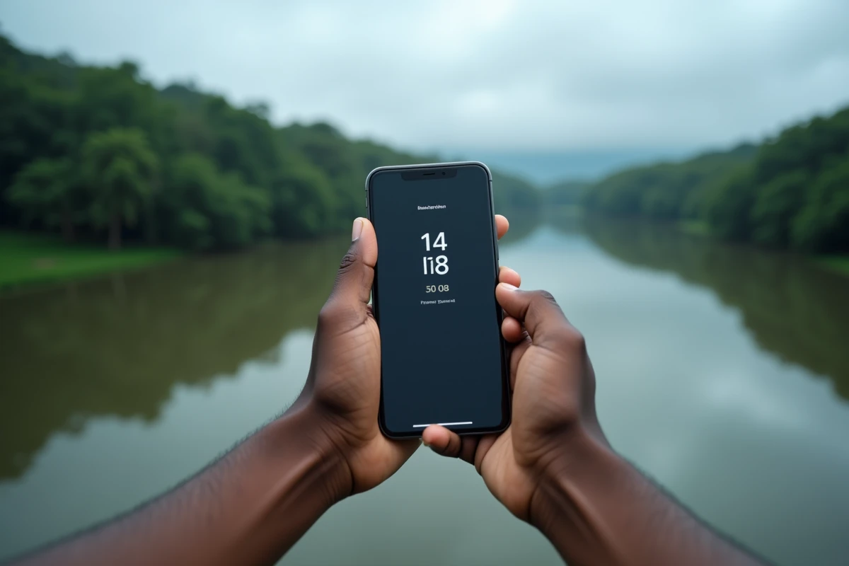 Gros plan d'un smartphone affichant l'heure locale en Guyane avec le fleuve Kourou en arrière-plan