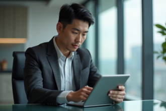 Homme d'affaires en costume regardant une tablette dans un bureau moderne