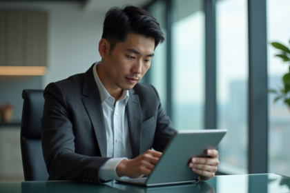 Homme d'affaires en costume regardant une tablette dans un bureau moderne