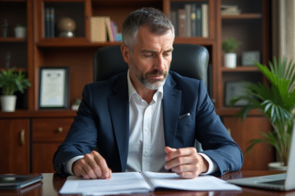 Homme d'affaires en costume bleu dans un bureau élégant