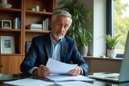 Homme d'affaires en costume bleu lisant des documents de prêt immobilier