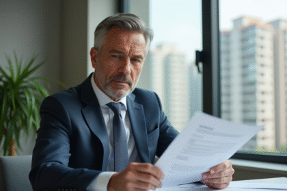 Homme d'affaires en costume examine des documents de prêt immobilier