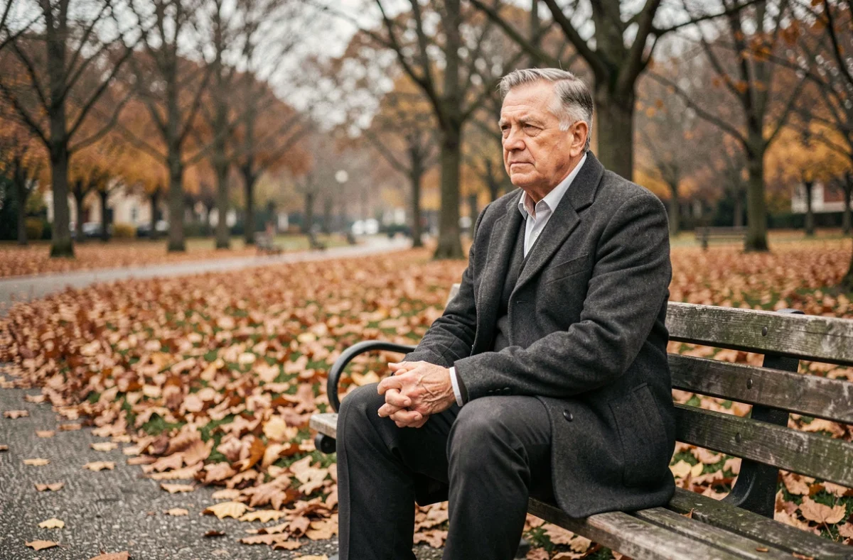 Homme âgé assis seul sur un banc de parc en automne, regard pensif entouré de feuilles mortes