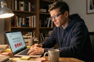 Homme inquiet regardant un avertissement de sécurité sur son ordinateur portable en consultant un site de scan One Piece