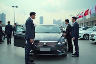 Homme asiatique examine une voiture moderne en concession