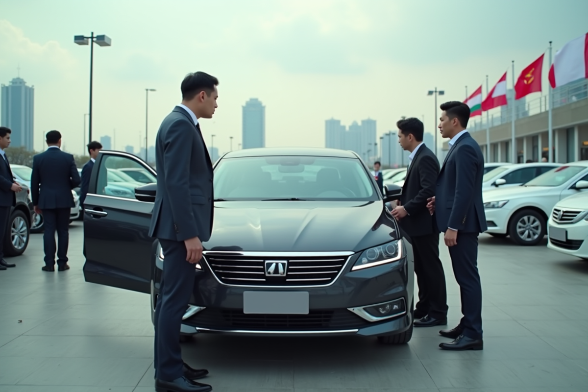 Homme asiatique examine une voiture moderne en concession