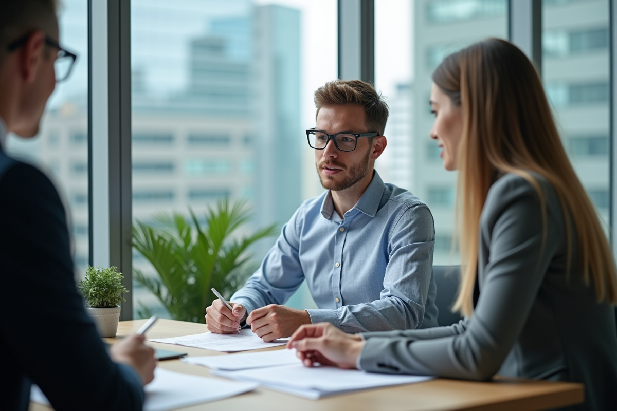 Homme en réunion avec un conseiller bancaire dans un bureau moderne