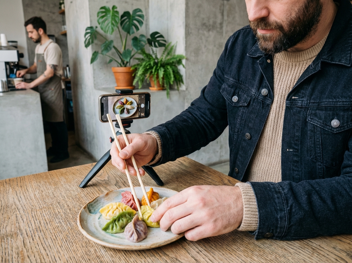 Homme avec dumplings colorés dans un café moderne