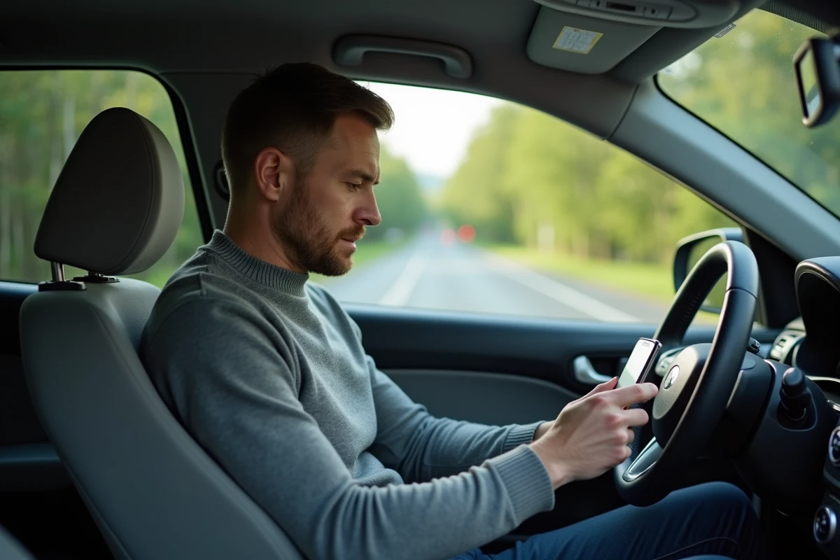 Homme confus par le compteur de vitesse bilingue mph et km/h dans une voiture de location