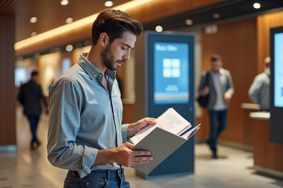 Homme examinent des brochures dans une agence bancaire moderne