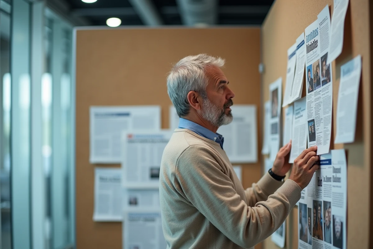 Homme corse pinçant une affiche dans un bureau moderne
