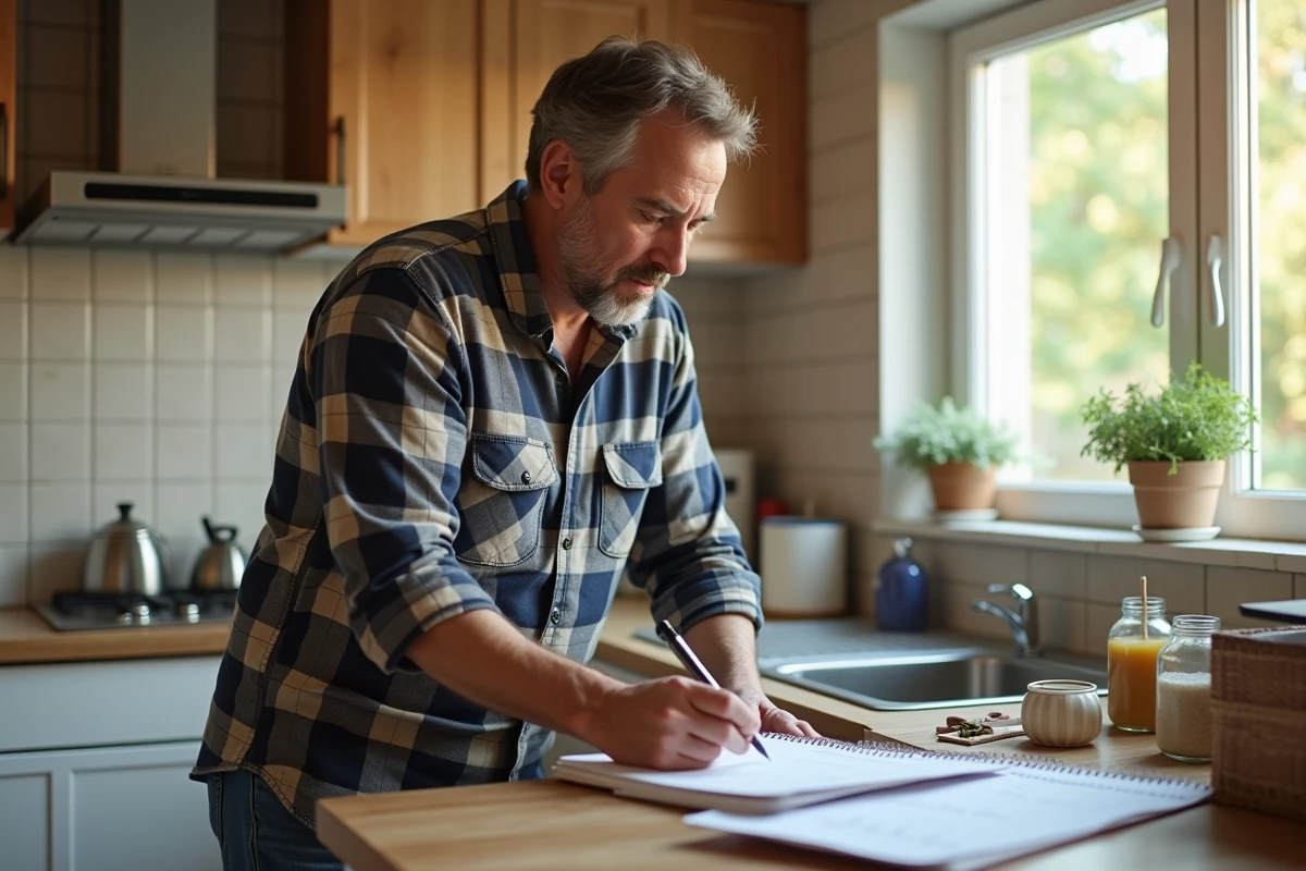 Homme notant des dates dans un calendrier de cuisine