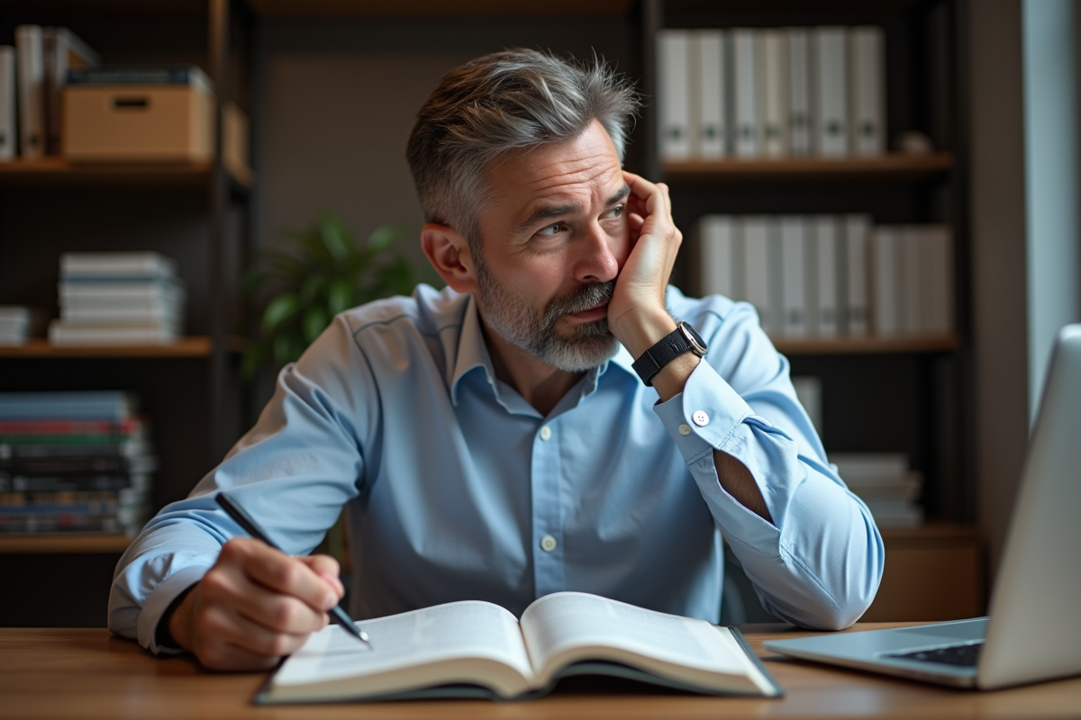 Homme d'âge moyen étudiant un livre d'économie