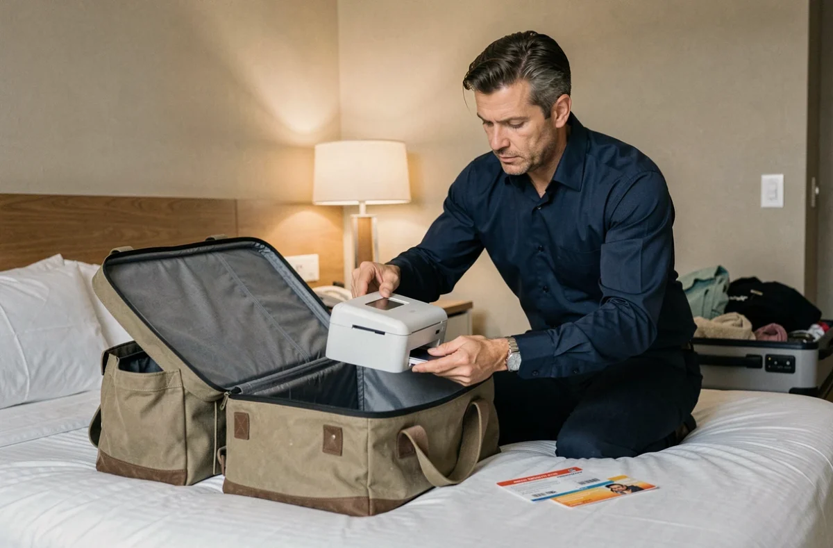 Homme en déplacement sortant une imprimante portable couleur compacte de son sac de voyage dans une chambre d'hôtel
