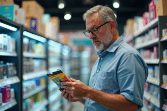 Homme d'âge moyen examinant une cartouche d'encre en magasin en Espagne