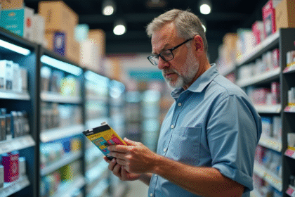 Homme d'âge moyen examinant une cartouche d'encre en magasin en Espagne