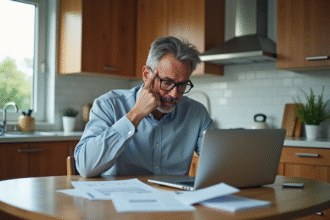 Homme d'âge moyen inquiet devant son ordinateur à la maison