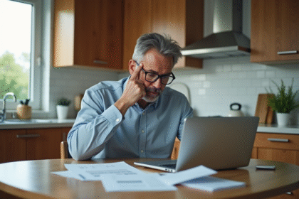 Homme d'âge moyen inquiet devant son ordinateur à la maison