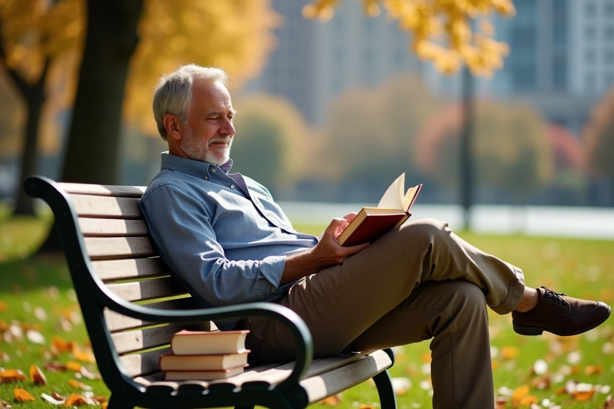 Homme lisant un livre dans un parc en automne ensoleille