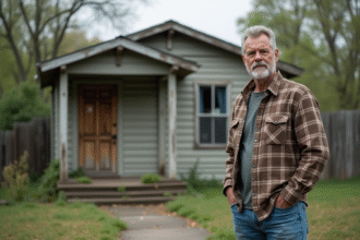Homme pensif devant une vieille maison en banlieue