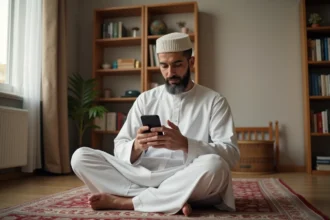 Homme musulman consultant les heures de prière sur smartphone à Compiègne dans un salon traditionnel