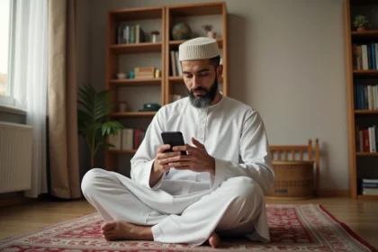 Homme musulman consultant les heures de prière sur smartphone à Compiègne dans un salon traditionnel