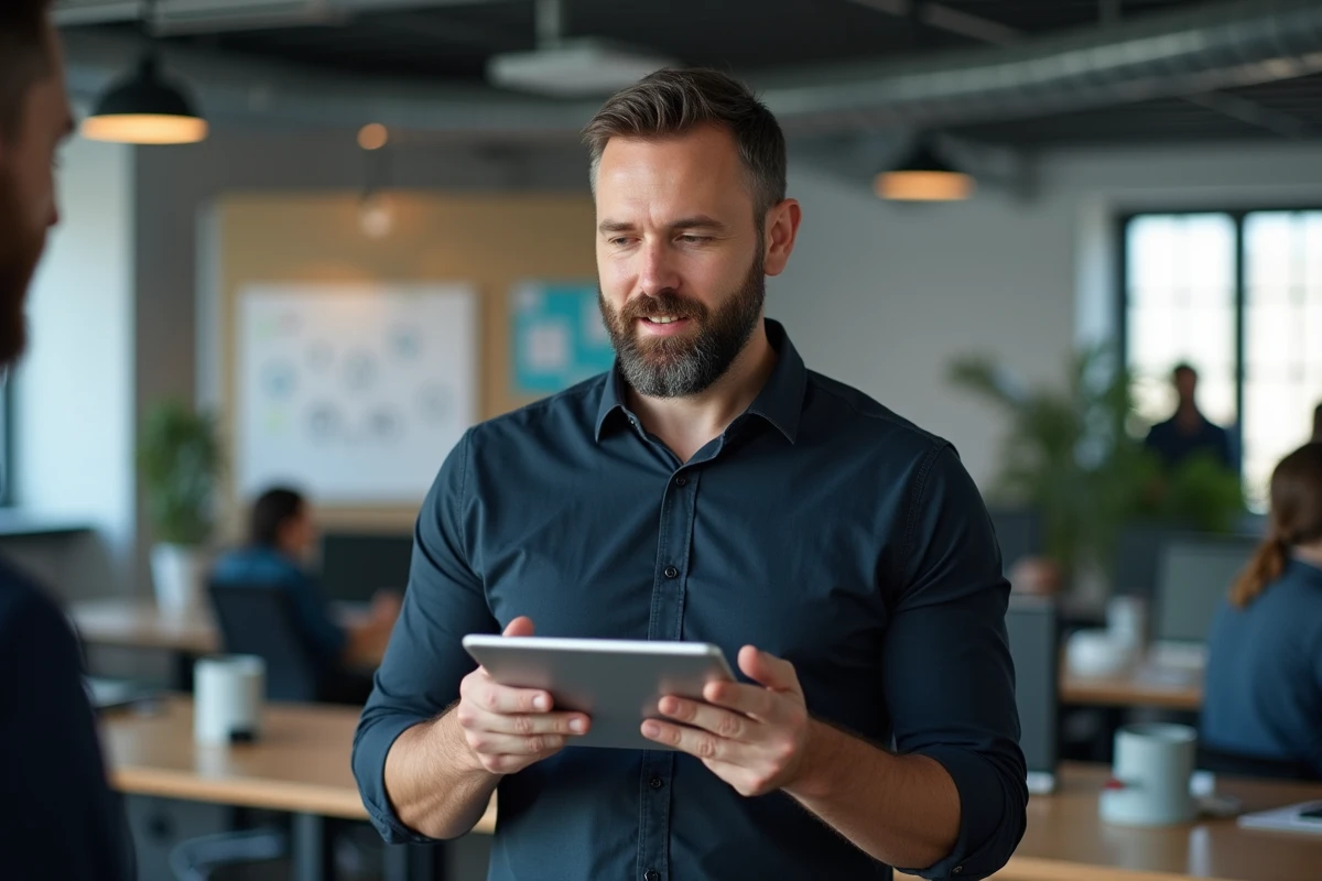 Homme d'affaires dans un open space technologique consultant des alternatives logicielles sur tablette