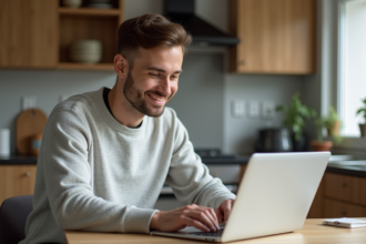 Homme souriant comparant devis d'assurance auto à la maison