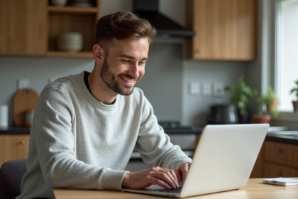 Homme souriant comparant devis d'assurance auto à la maison