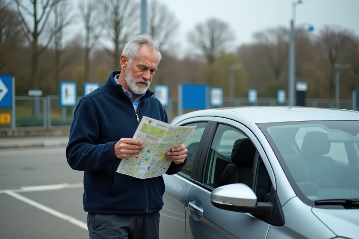Homme consultant un plan du tramway ligne 2 dans un parking relais nantais