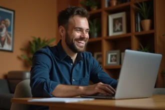 Homme souriant devant un ordinateur portable cherchant un gif animé anniversaire original pour homme