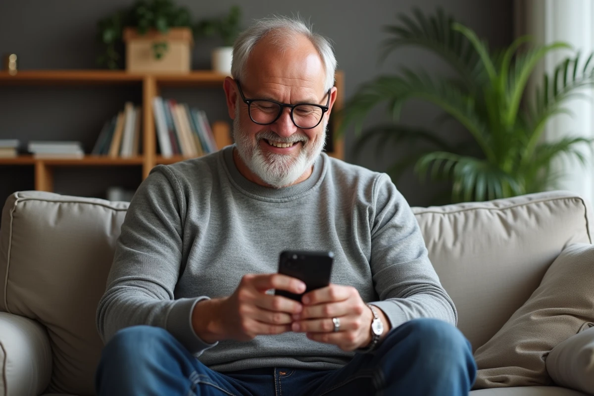 Homme d'âge mûr souriant en recevant un gif animé d'anniversaire original sur son smartphone dans son salon