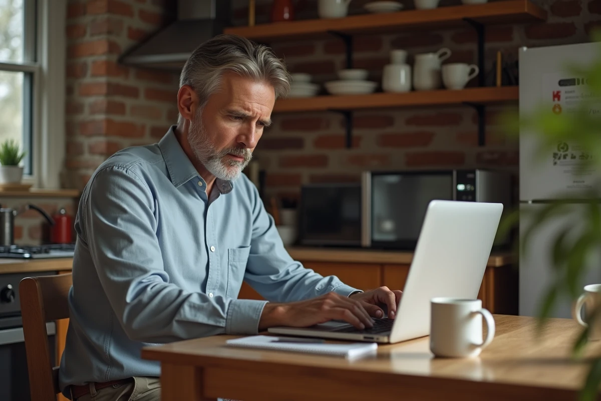 Homme concentré en train de rédiger un email professionnel depuis son domicile avec un air hésitant