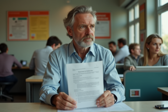 Homme d'âge moyen déçu avec dossier de prêt rejeté dans une banque