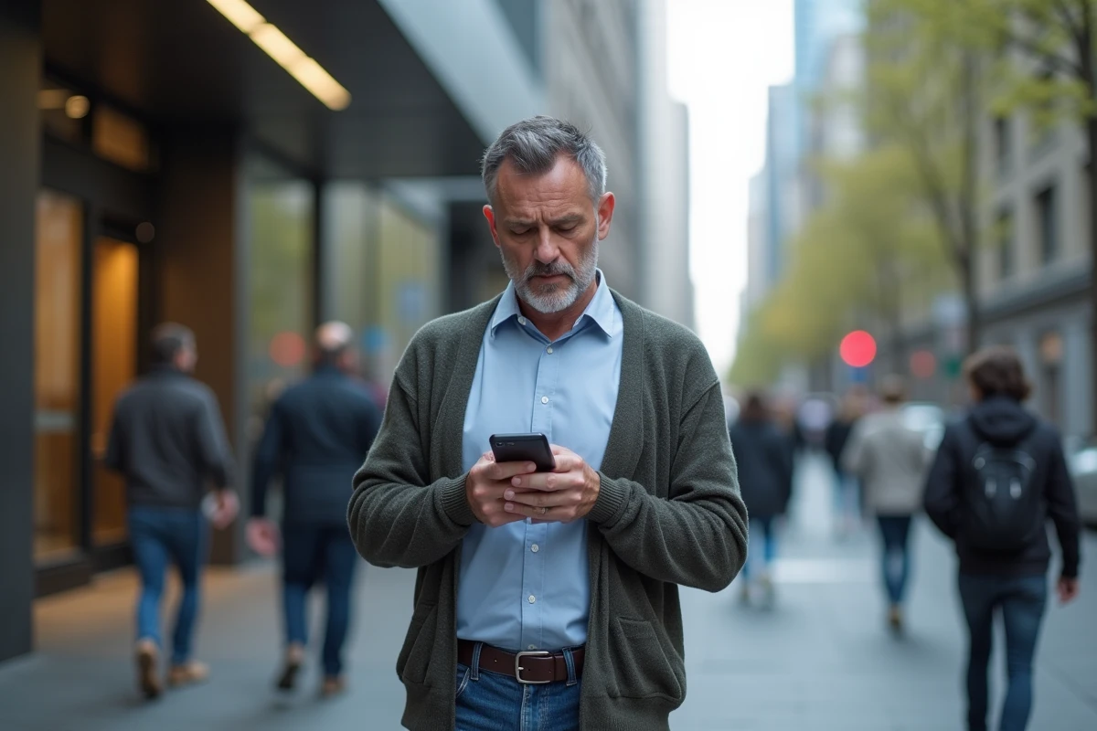Homme anxieux dans la rue urbaine vérifiant son téléphone