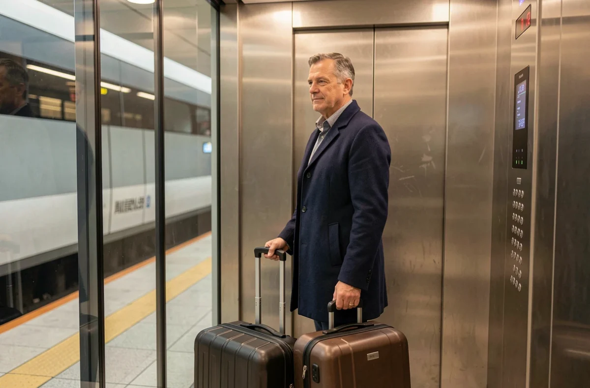Homme avec une valise à roulettes dans l'ascenseur accessible d'une station de la ligne 14