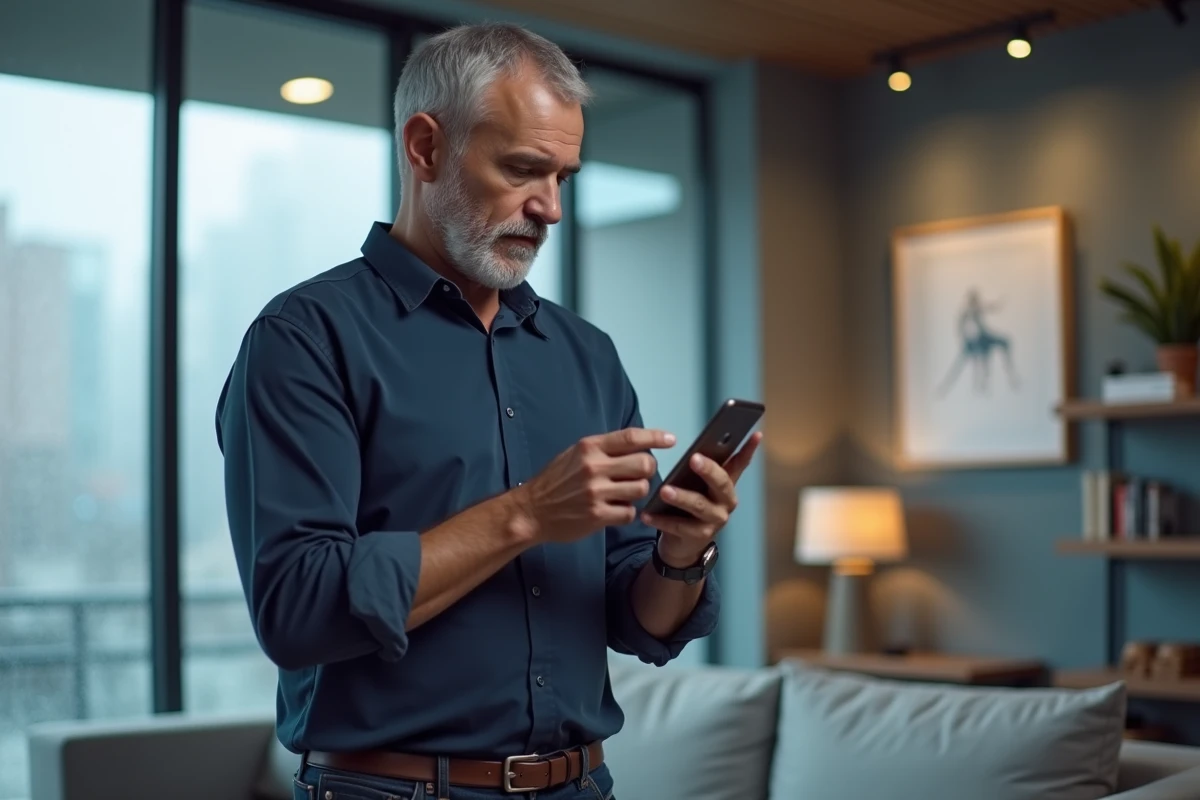 Homme lisant des avis sur une boutique en ligne depuis son smartphone dans un salon moderne, regard méfiant et attentif