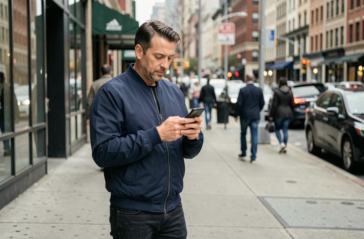 Homme en ville consultant son smartphone pour choisir un forfait mobile prépayé Lycamobile