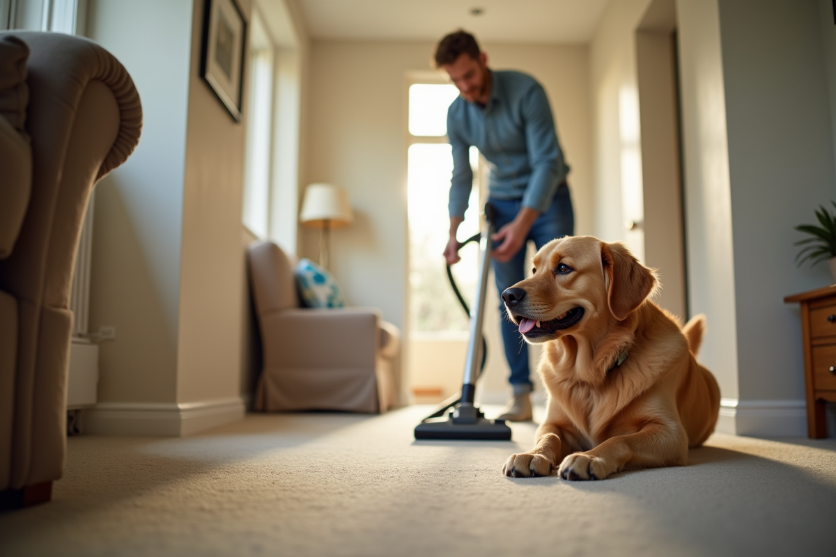 Homme aspirant un tapis avec chien regardant paisiblement
