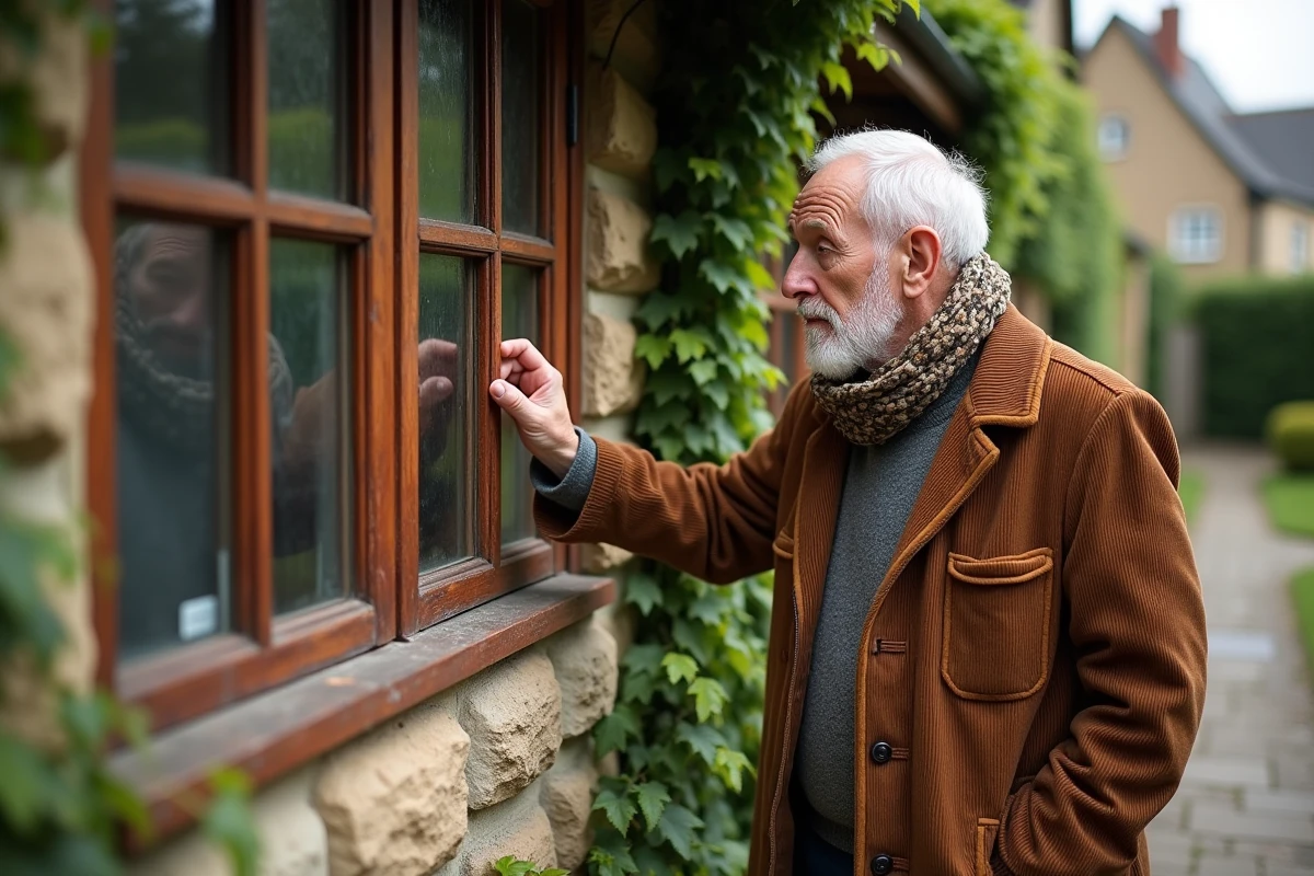 Homme inspectant une fenetre dans une maison en pierre ancienne