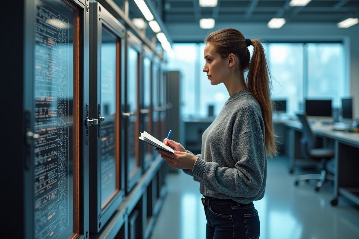 Jeune femme ingénieure près d’un ordinateur quantique dans un laboratoire