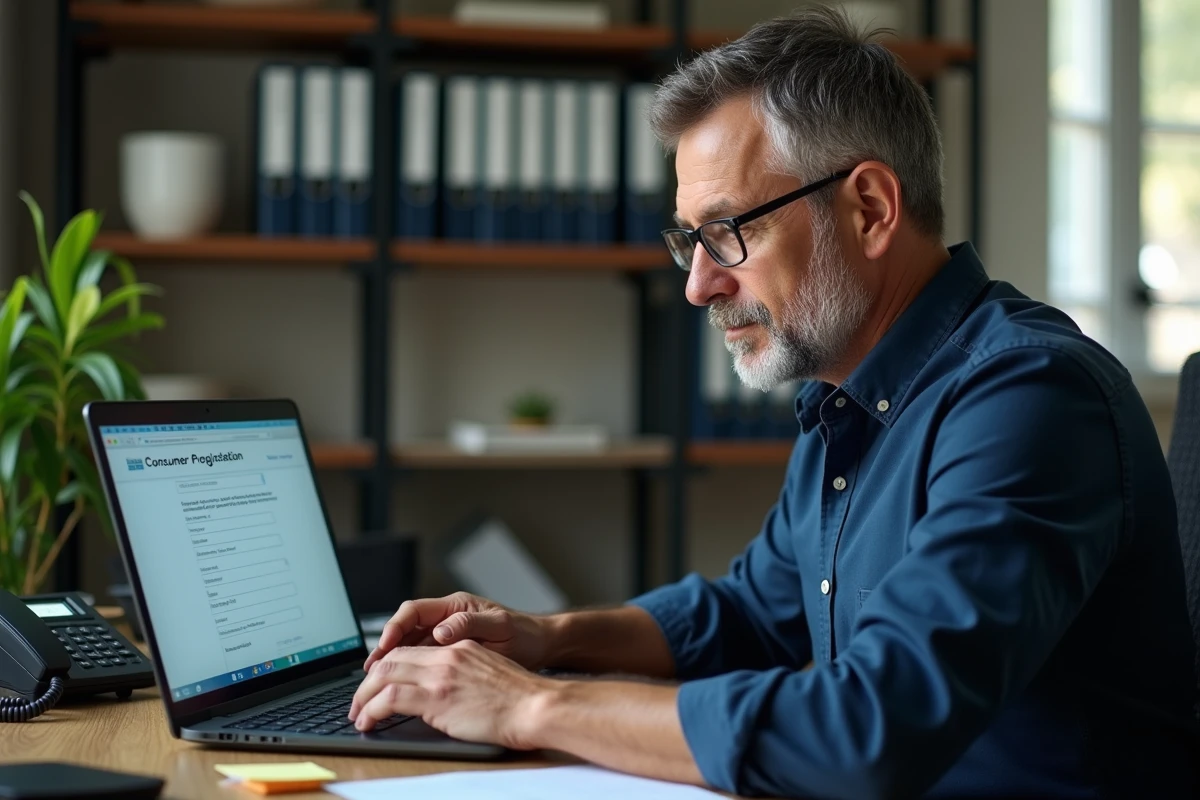 Homme s'inscrivant sur un formulaire en ligne de protection contre le démarchage téléphonique depuis son bureau à domicile