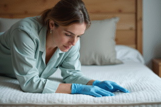 Femme inspectant un matelas dans une chambre moderne