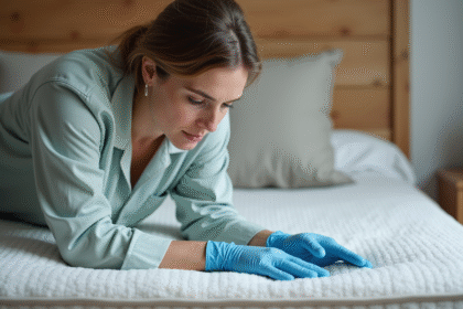 Femme inspectant un matelas dans une chambre moderne