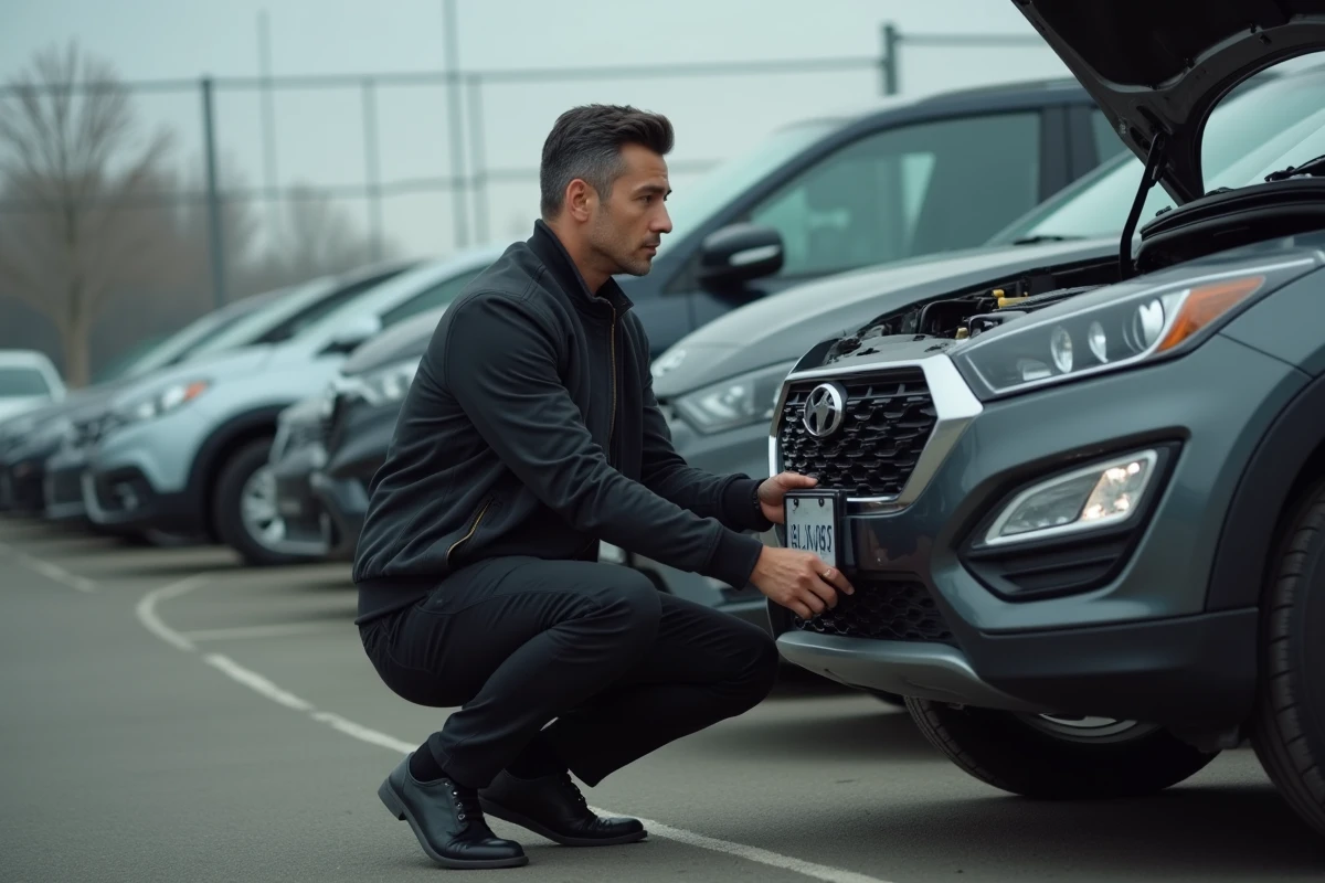 Homme inspectant le moteur d'un SUV d'occasion sur un parking de vente de voitures