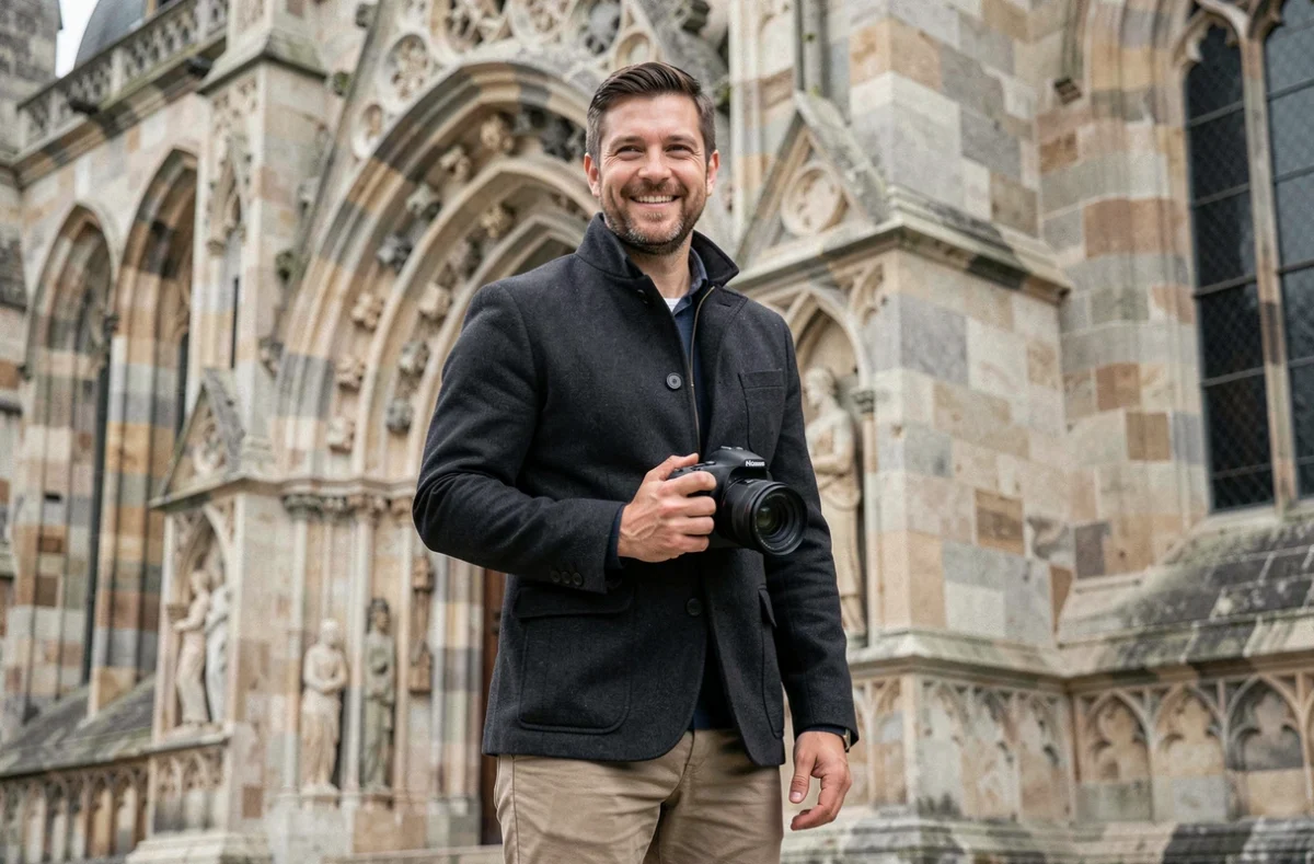 Jérémie Noël photographe professionnel debout devant la cathédrale de Limoges avec son appareil photo